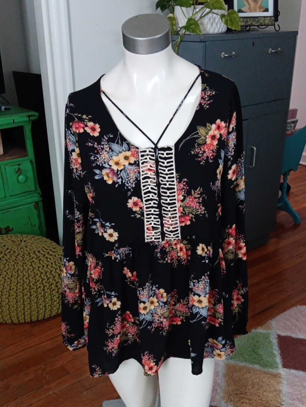 Entro Black Floral Babydoll Tinic Top